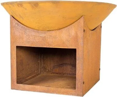 Produktbild von Buschbeck Feuerschale Gusseisen Rostoptik Mumbai, Ø 56 cm x H 44 cm, mit Holzstaufach, für den Außenbereich