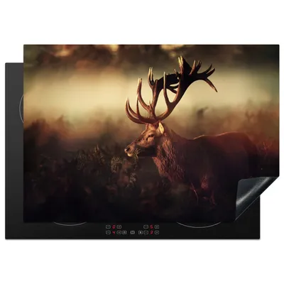 Produktbild von KitchenYeah© Herdabdeckplatte Hirsche - Wald - Nebel , 75x52cm, Küche Deko, Glaskeramikkochfeld Herdabdeckung, Abdeckplatte fùr Kochfeld