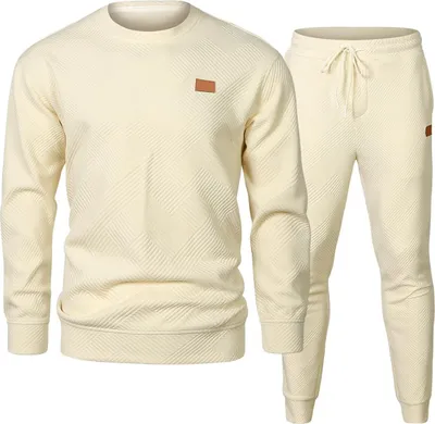 Produktbild von ASKSA Herren Jogginganzug Trainingsanzug Set Pullover Sweatshirt Crew Hoodie und Sporthose 2 Piece Freizeitanzug,Beige,M