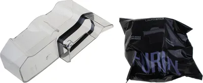 A clear plastic water tank and a black packaged anti-scale cartridge are shown against a white background.