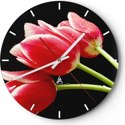 Produktbild von Wanduhr - Rund - Glasuhr - Tulpe garten blume blumenstrauß - 30x30cm - Schleichendes Uhrwerk - Lautlos - zum Aufhängen bereit - Dekoration Modern - Wanddekoration aus Glas - C3AR30x30-1494