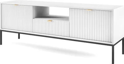 Produktbild von TV-Schrank 150 cm Galla - Zweitürige TV-Tisch mit Schubladen - Beinen, geriffelten Fronten & goldene Griffe (Weiß + Schwarz)