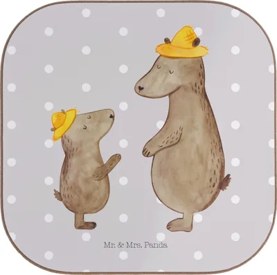 Produktbild von Mr. & Mrs. Panda Untersetzer für Gläser Bären mit Hut - Grau Pastell - Geschenk, Family, Vatertag, Holzuntersetzer, Familie, Kinder, Coaster, Tischschoner, Muttertag