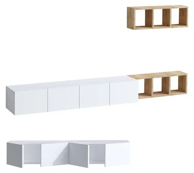 Image de Meuble TV en bois MDF mélaminé blanc etReproduction chêne - 182 x 25 x 32 cm - Nombreux rangements