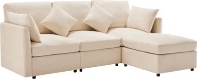 Produktbild von AIORBER Modernes L-förmiges Ecksofa mit Hocker, Chenille-Stoff-Sofa, 3-Sitzer oder 4-Sitzer Couch für Wohnzimmer, strapazierfähig und bequem, Beige/Grau