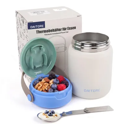 Image de Thermos en acier inoxydable 304 de 480 ml, avec cuillère, étanche, maintient les aliments chauds pendant 5 heures et froids pendant 8 heures, sans BPA, à double paroi isolante, idéal pour le bureau, l'école, les voyages, usage polyvalent