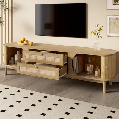 Obrázek produktu pro okwish Ratanová TV skříň Stojan na TV s ratanovým povrchem a zásuvkami, Lowboard s dřevěným dekorativním panelem a dřevěnou konstrukcí, Přírodní