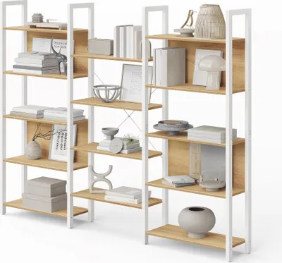 Produktbild von VASAGLE Aufbewahrungsregal, mit 14 Ablagen, Bücherregal, Industrie-Design, goldeichenfarben-weiß