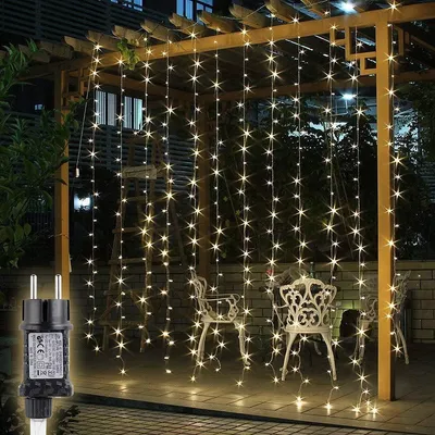 Imagen del producto de SALCAR, cortina de luces LED para exteriores, 3x3 metros, guirnalda de luces para interiores, ideal para Navidad, con 8 modos y función de memoria, iluminación navideña para exteriores, jardín, luz cálida – tamaño 3x3 metros