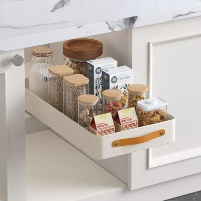 Image de Organisateur d'armoire télescopique pour sous les lavabos Tiroir télescopique pour panier Organisateur d'armoire de cuisine avec poignée blanc