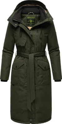 Produktbild von Navahoo Damen Wintermantel lang Parka warm Jacke mit Bindegürtel, Kapuze & Kragen Hokulanii Dunkel Olive Gr. 38 - M