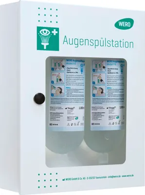 Produktbild von WERO Augenspülstation QuickCheck, gefüllt mit 2 WERO Augenspülflaschen P8 1000 ml