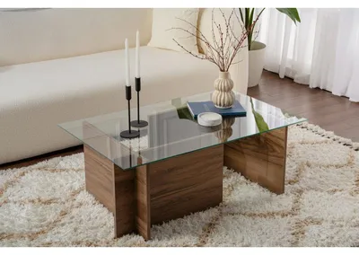 Image de Table basse de salon en verre trempé et bois MDF mélaminé noyer 105 x 65 x 40 cm