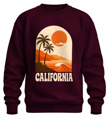Imagen del producto de Sudadera con cuello redondo, estilo retro californiano, con motivos de palmeras, sol, playa y surf, diseño de la costa oeste, años 80, color burdeos, talla M