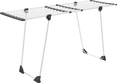 A white and gray foldable clothes drying rack with extended legs, shown against a white background.