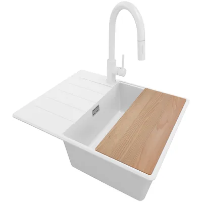 Produktbild von PRIMAGRAN Granitspüle Weiß 62x50cm, Spülbecken 1 Becken + Küchenarmatur 40x20cm + Ablauf-Set + Schneidebrett, Küchenspüle ab 45er Unterschrank - Kopenhagen