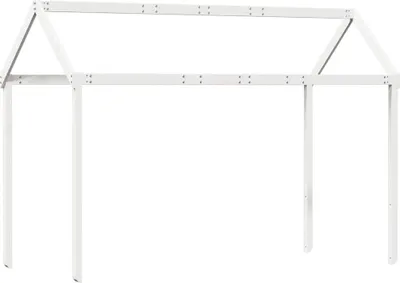 A white wooden frame for a children's bed, shaped like a house.