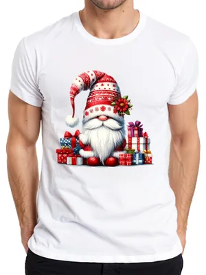 Immagine prodotto di Maglietta da uomo, taglia XL, bianca, con motivo di elfo di Natale, cappello da elfo e regali