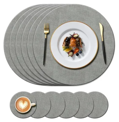 Immagine prodotto di Set di 6 sottopiatti e sottobicchieri grigi, effetto pelle, dimensioni 34 cm e 10 cm