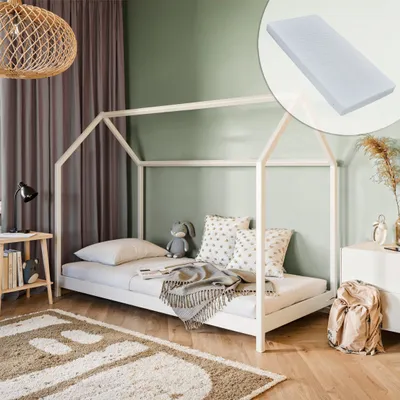 Produktbild von Hausbett Kinderbett 90x200 cm Bett mit Matratze & Lattenrost Bed Kinder Jugendbett Einzelbett Spielbett Hausbett Himmel | weiß Kiefer Holz massiv Junge Mädchen 200x90 cm