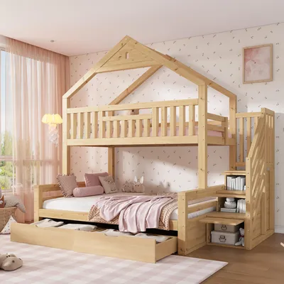 Produktbild von Flieks Etagenbett 90x200cm/140x200cm, Kinderbett Hausbett mit Schubladen, Hochbett Stockbett mit Treppe und Rausfallschutz, Holzbett Naturbelassen