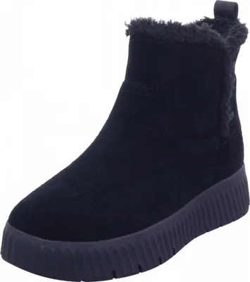 A black women's boot with a faux fur lining is shown against a white background.