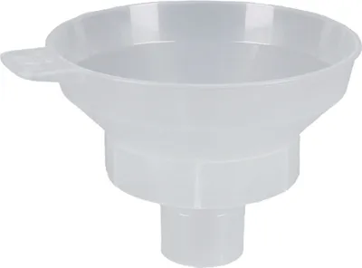 A white plastic funnel is shown against a white background.