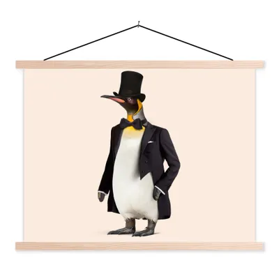 Produktbild von MuchoWow® Textilposter Pinguin - Tier - Hut - Colbert - Schwarz 40x30 cm mit holzfarbenen Rahmen - Bilder