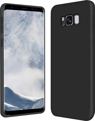 A product shot of a black smartphone case next to a smartphone displaying a mountain landscape.