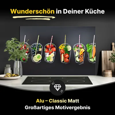 Produktbild von Spritzschutz Küchenrückwand aus Aluminiumverbund in Matt 80x50 cm - Frische Smoothie Zutaten auf Schwarz