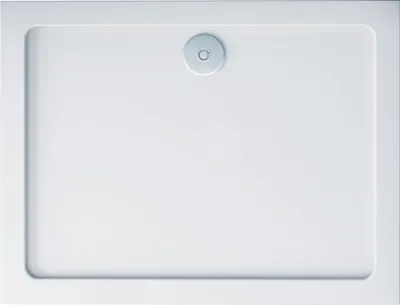 A top-down view of a white shower tray with a drain.