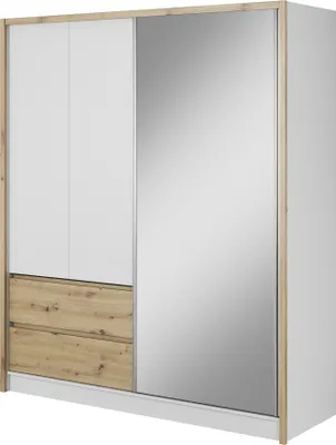 Produktbild von Furniture24 Kleiderschrank SARA 180 cm Schrank 2 Drehtüren 1 Schiebetür Weiß/Artisan Eiche