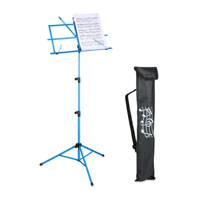 Produktbild von Relaxdays Notenständer, klappbares Notenpult, HBT: 140x53x49 cm, ausziehbar, aus Metall, Gitarre, Geige, Gesang, blau