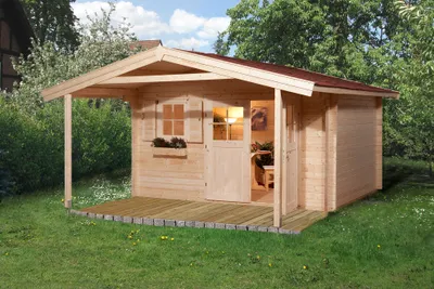 Produktbild von WEKA 111.3838.40.00 Premium Gartenhaus/Blockbohlenhaus Kempten 2 mit Vordach (200 cm)/Doppeltür/Einzelfenster ; Größe: 3 ; Farbgebung: Naturbelassen ; Wandstärke: 28 mm ; Maße (LxBxH): 580 cm x 380 cm x 262 cm ; Seitenwandhöhe: 210 cm