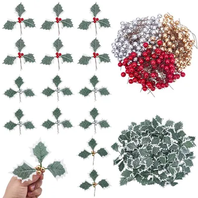 Künstliche Stechpalmenzweige, 400 Stück, 3 Farben, Rot/Gold/Silber