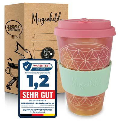 Porzellan-Reisebecher 380 ml, Blume des Lebens, BPA-frei