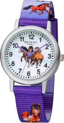 Produktbild von Regent Kinderuhr F-1364 Pferde, Textilband, Aluminium, Lila
