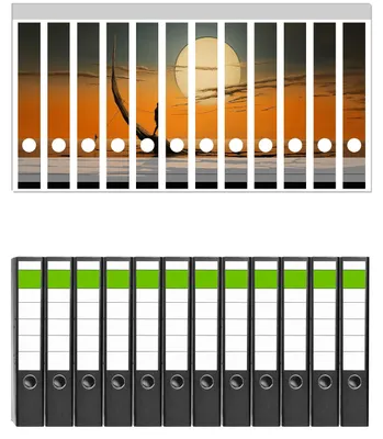 Produktbild von Wallario 12 Stück schmale Ordner inkl. Klebeetiketten mit Motive Einsam im Sonneruntergang -  Set mit Rückenschildern / Ordnerrücken Stickern