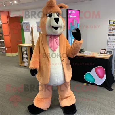 Produktbild von Pfirsich-Lama REDBROKOLY Maskottchen kostüm gekleidet mit Blazer und Messenger-Taschen