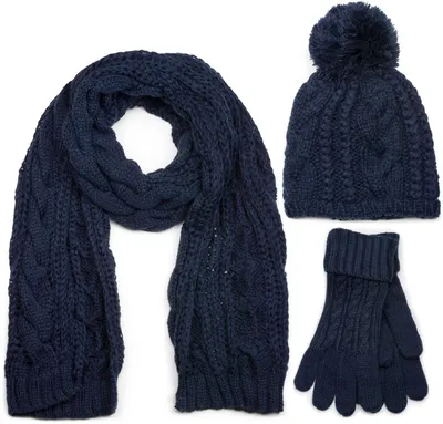 Produktbild von styleBREAKER Schal, Mütze und Handschuh Set, Zopfmuster Strickschal mit Bommelmütze und Handschuhe, Damen 01018208