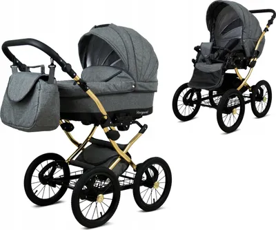 A collage of two images showing a grey baby stroller with gold accents, one full view and one close-up.