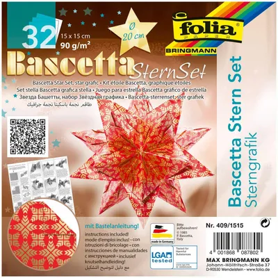 Produktbild von folia 409/1515 - Bastelset Bascetta Stern Sterngrafik rot/gold, 32 Blatt, 15 x 15 cm, fertige Größe des Papiersterns ca. 20 cm, mit ausführlicher Anleitung - ideal zur zeitlosen Dekoration