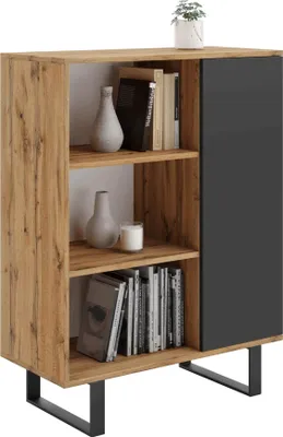 Produktbild von Regal Schrank Fondi im Loft-Stil – Eichenholz Craft Gold/Schwarz, 6 Ablagefächer, 1 Tür, Metallbeine, Laminat, 40x116x90 cm – Stilvolle und funktionale Wohnzimmermöbel
