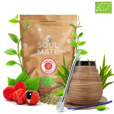 Produktbild von Soul Mate - Mate Tee  Set Energia Guarana 500g - Mate Becher 350ml - Bombilla - Mit Orangenöl - Luftgetrocknet, Mild - Yerba Mate Brasilien