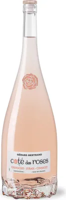 A bottle of rosé wine on a white background.