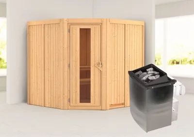 Produktbild von Karibu Sauna Innensauna Jarin Eckeinstieg Ofen 9 kW integr. Strg 196x196x198 cm ohne Dachkranz mit Energiespartür