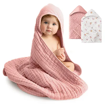Immagine prodotto di Asciugamani per neonati con cappuccio - 100% cotone di mussola - Motivo: fiori rosa