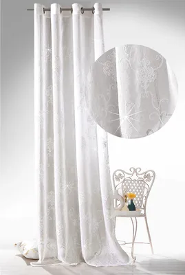 Produktbild von heimtexland ® Ösenschal Barock Polyester Glitzer Ornamente Vorhang Leinen Optik halbtransparent Deko Gardine Weiß Silber 245x135 Fensterdeko Typ828