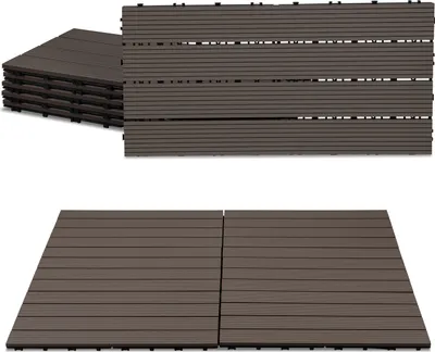Produktbild von Eikuavons 30er Set WPC Terrassenfliesen für Garten Balkon Bodenbelag, 4 Lamellen, 30 × 60 cm, Klicksystem, Kaffee braun