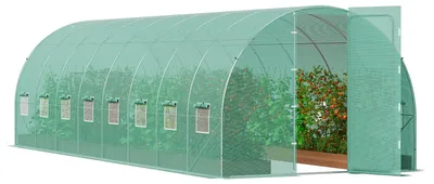 Produktbild von VEVOR Gewächshaus im Tunnelstil, 3,6 x 2 x 2 m / 12 x 7 x 7 ft Tragbares Pflanzenhaus mit verzinkten Stahlbögen, 1 Oberträger, 2 Diagonalstangen, 2 Reißverschlusstüren & 6 Rollfenstern, Grün, Grün-28x10x7.5 ft-Domdach